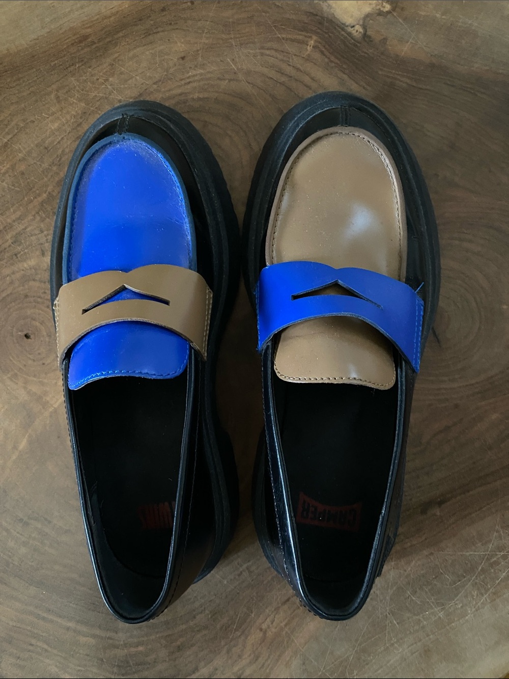 Camper Two-Tone Blue and Tan Leather Penny Loafers